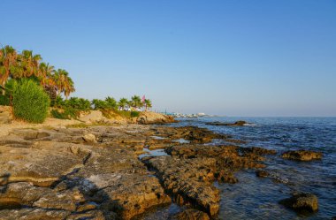 Türk Reviera 'sında Akdeniz kıyısında bir plaj. Türkiye 'de Alanya yakınlarındaki sahil.