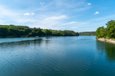 Sauerland 'deki Sorpesee manzarası. Göl ve ormanlı bir manzara. Sundern yakınlarındaki İdealist doğa.