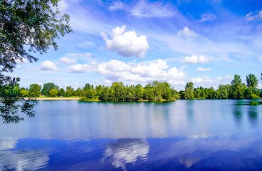 Rhineland-Palatinate 'de Neuhofen ve Waldsee yakınlarında yüzen Schlicht Gölü. Yazın göl manzarası ve çevresindeki doğa..