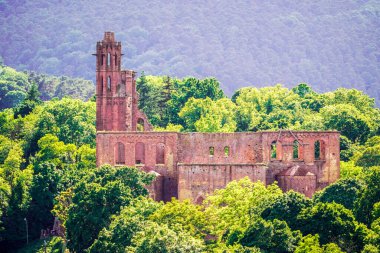 Kaiser-Wilhelm-Hoehe 'nin manastır kalıntıları manzarası. Ormanlar ve vadilerle dolu tepe manzarası.