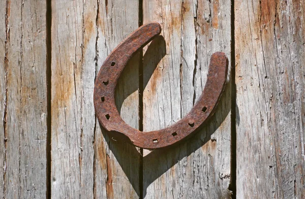 Stara Zardzewiała Podkowa Drewnianej Ścianie Symbol Szczęścia — Zdjęcie stockowe