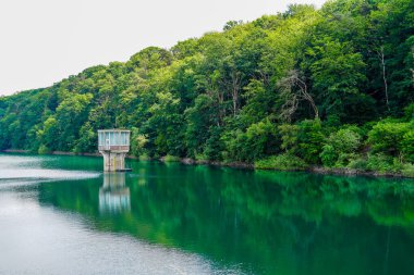 Siegburg yakınlarında Wahnbachtalsperre. Göle ve doğaya bakan baraj..