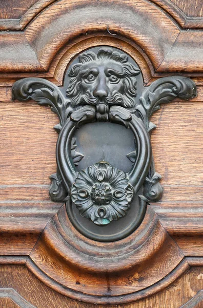 飾られた古い金属製のドアのノッカーと素朴な木製のドアのライオンの頭 — ストック写真