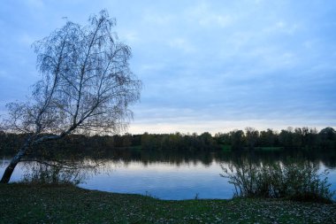 Feldmochinger Münih yakınlarında. Kışın göl manzarası.