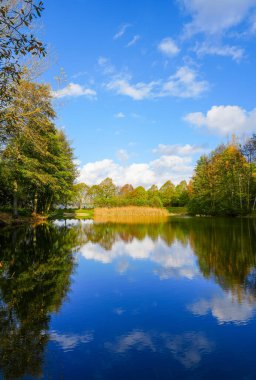 Ostheim doğal banyo gölü Malsfeld yakınlarında. Sonbaharda göl kenarındaki Idyllic manzarası.