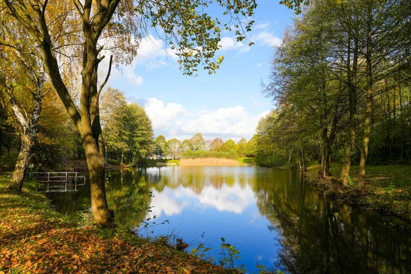 Naturalne Jezioro Ostheim Niedaleko Malsfeld Idylliczny Krajobraz Nad Jeziorem Jesienią — Zdjęcie stockowe