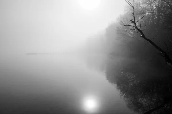 Пейзаж Причалом Озера Природа Туманом Утром — стоковое фото