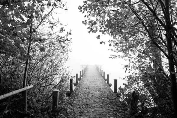 Jetty Mlze Tajemná Mlhavá Krajina Jezera Ranní Mlha Podzim — Stock fotografie