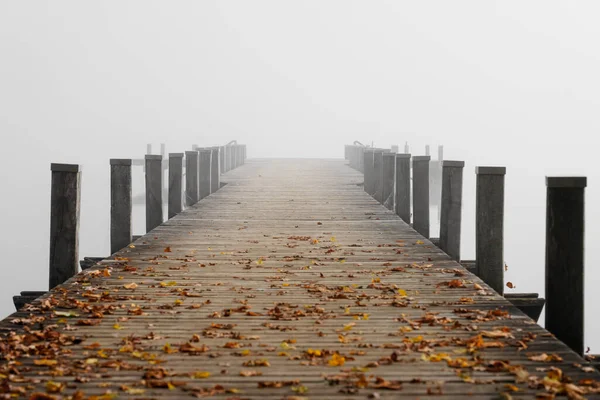 雾中的Jetty湖面神秘的雾蒙蒙的风景 秋天的晨雾 — 图库照片