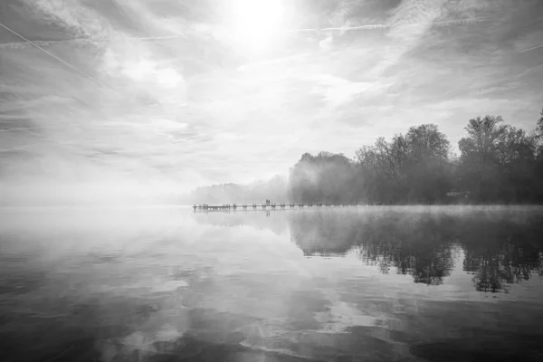 Jetty Lake Fog Misty Landscape Morning Idyllic Nature Water Rest — Stock Photo, Image