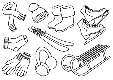 Kış teması üzerine bir dizi çizgi sanat öğesi. Kışlık kıyafetlerin, kızakların, patenlerin ve kayakların el çizimleri..