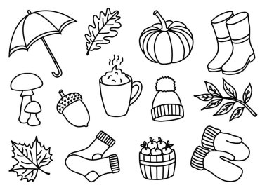 Sevimli sonbahar koleksiyonu seti, sonbahar hasat sezonu karikatür illüstrasyon klibi farklı dekorasyon unsurlarıyla. Moda el çizimi dokular.