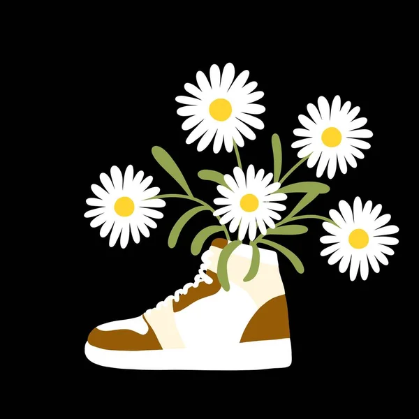 High sneaker with a bouquet of flowers against a black background. Hand painted illustration of shoe with white flowers. Bouquet with white daisies.