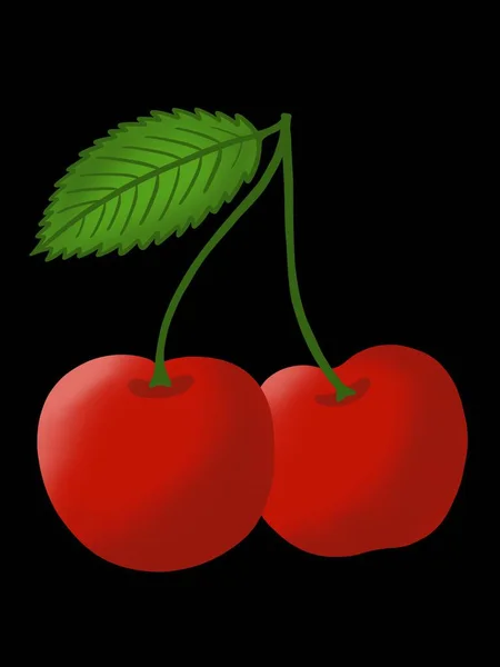 Piros Cseresznye Zöld Levéllel Fekete Háttérrel Érett Gyümölcs Illusztrációja — Stock Fotó