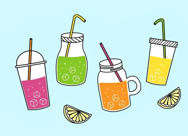 Set Colorful Smoothies Juices Fresh Drinks Straws Slices Lemon Light — Stock Photo, Image