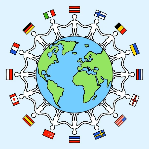 Weltkugel Mit Verschiedenen Menschen Frieden Nationalitäten Und Länder Zusammenhalt Freiheit — Stockfoto