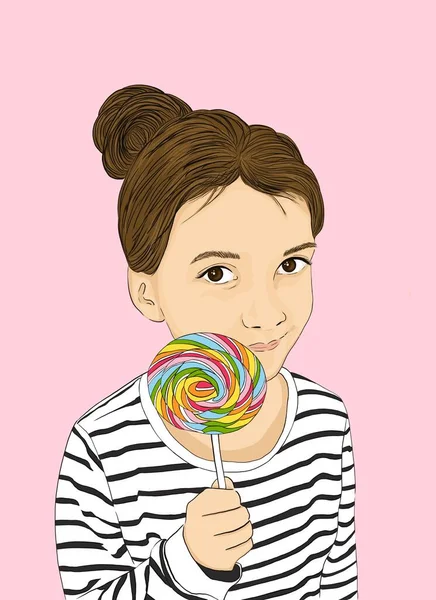 Girl with a big colorful lollipop. Illustration. Pink background.