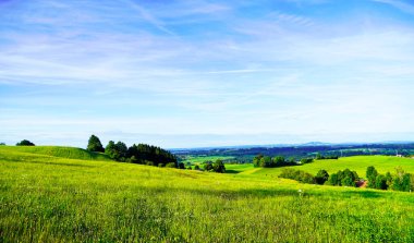 Bavyera 'daki Allgau' da Panorama manzarası. Dağları, çayırları ve ormanları olan doğa..