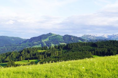 Bavyera 'daki Allgau' da Panorama manzarası. Dağları, çayırları ve ormanları olan doğa..