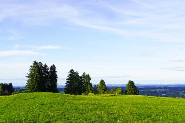 Bavyera 'daki Allgau' da Panorama manzarası. Dağları, çayırları ve ormanları olan doğa..