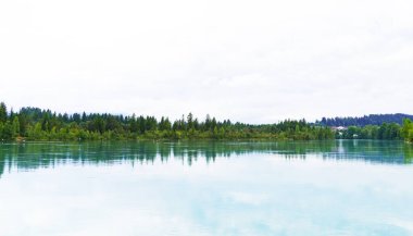 Lechbruck 'taki Lech rezervuarı. Etrafı doğayla çevrili göl manzarası. Sudaki yansıma..