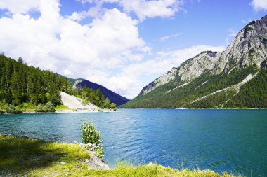 Tyrol, Avusturya 'daki Plansee' de manzara. Turkuaz renkli göl çevresi ve dağlarla çevrili..