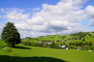 Oberhenneborn yakınlarındaki Sauerland 'de manzara. Tepeleri ve ormanları olan yeşil doğanın panoramik manzarası.