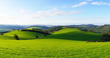 Oberhenneborn yakınlarındaki Sauerland 'de manzara. Tepeleri ve ormanları olan yeşil doğanın panoramik manzarası.