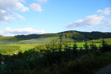 Oberhenneborn yakınlarındaki Sauerland 'de manzara. Tepeleri ve ormanları olan yeşil doğanın panoramik manzarası.