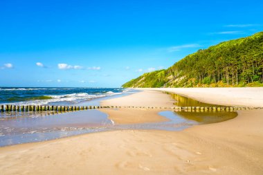 Misdroy yakınlarındaki Baltık Denizi plajı. Polonya sahilindeki sahil beldesi. Sahilde manzara.