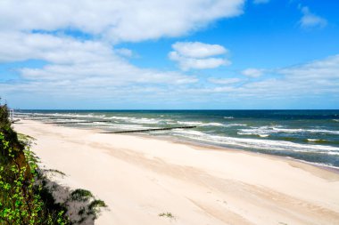 Polonya 'da Trzesacz yakınlarında bir plaj. Beyaz kumla Polonya Baltık Denizi 'nin doğal kıyıları. Batı Pomerania 'da deniz manzarası.
