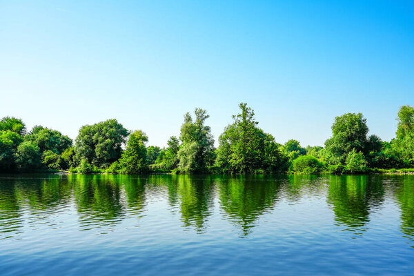 View of the Ruhr near Muehlheim an der Ruhr. Landscape by the river in the Ruhr area.