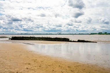 Falkensteiner Ufer ve Polstjernan gemi enkazı görünüyor. Hamburg yakınlarındaki Elbe 'de tarihi manzara.