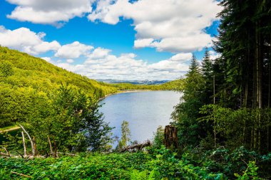 Olpe bölgesindeki Attendorn yakınlarındaki Biggesee manzarası. Sauerland 'deki göl manzarası. Büyük Baraj.