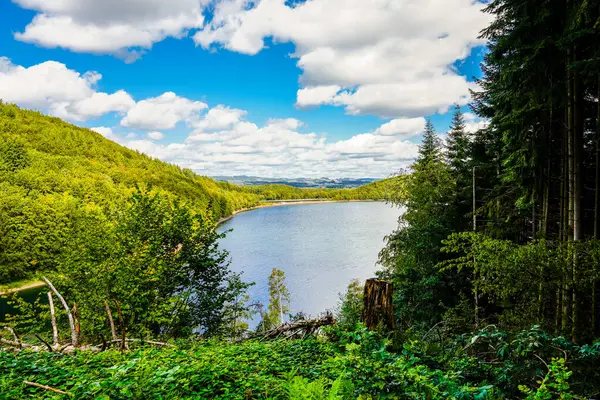 Olpe bölgesindeki Attendorn yakınlarındaki Biggesee manzarası. Sauerland 'deki göl manzarası. Büyük Baraj.