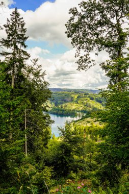 Genkeltalsperre ve çevresindeki doğa manzarası. Gummersbach ve Meinerzhagen yakınlarındaki rezervuarın manzarası.