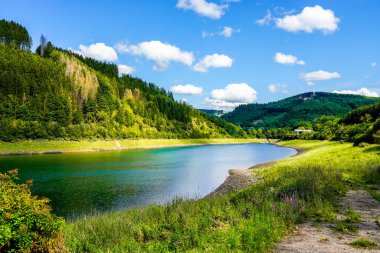 Yazın Glingebachtalsperre manzarası. Olpe bölgesindeki Plettenberg yakınlarındaki Glinge Barajı 'nda manzara. Sauerland 'deki rezervuar..
