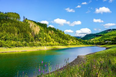 Yazın Glingebachtalsperre manzarası. Olpe bölgesindeki Plettenberg yakınlarındaki Glinge Barajı 'nda manzara. Sauerland 'deki rezervuar..