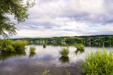 Moehnesee manzarası ve çevre manzarası. Koerbecke yakınlarındaki doğa..