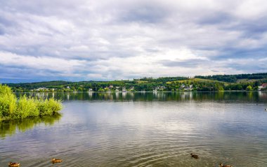 Moehnesee manzarası ve çevre manzarası. Koerbecke yakınlarındaki doğa..