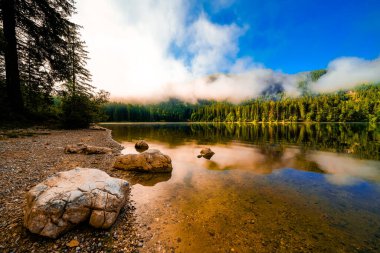 Styria 'daki Bad Mitterndorf' ta Oedensee 'deki manzara. Doğa, Avusturya 'daki Salzkammergut' ta berrak yüzme gölünde..