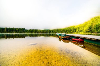 Styria 'daki Bad Mitterndorf' ta Oedensee 'deki manzara. Doğa, Avusturya 'daki Salzkammergut' ta berrak yüzme gölünde..