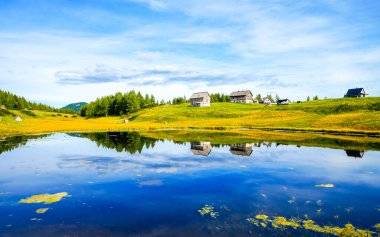 Tauplitzsee, Tauplitzalm 'ın yüksek platosunda. Styria 'daki Totes Gebirge Gölü manzarası. Avusturya 'da Tauplitz' de göl kenarındaki Idyllic manzarası.