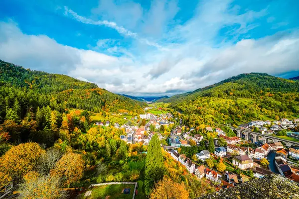 Hornberg kasabası ve Hornberg Kalesi 'nin çevresindeki doğa manzarası. Kara Orman 'da bir kasabanın manzarası.