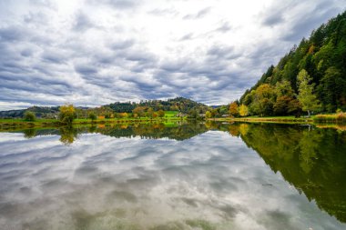 Kara Orman 'da Berghaupten yakınlarında kavak ormanı gölü. Göl kenarındaki Idyllic sonbahar manzarası. Pappelwaldsee.