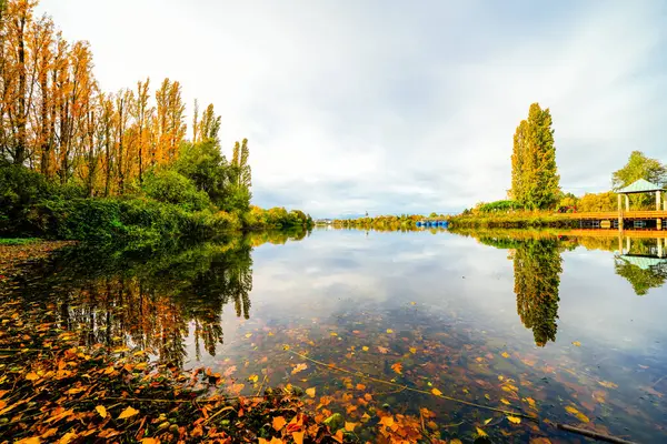 弗赖堡附近的Flueckiger湖和周围的大自然在一起 湖畔的秋景 图库图片