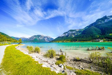 Tyrol 'daki Achensee Gölü manzarası. Turkuaz göldeki doğa ve arka planda bir dağ manzarası. Avusturya 'da Achental.
