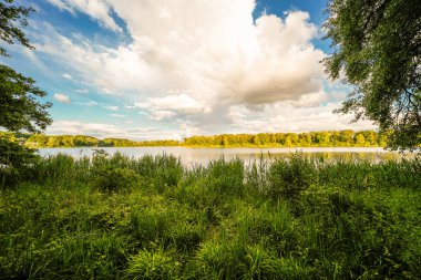 Ingolstadt yakınlarındaki taş ocağı göleti manzaralı. Dinlenme alanındaki göl manzarası..