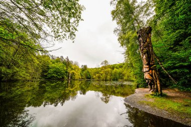Hexenteich, Menden yakınlarında. Sauerland 'de yeşil doğayla kaplı küçük bir gölet..