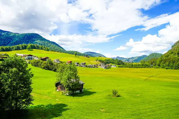 Tyrol 'da Thiersee yakınlarındaki manzara. Çayırları ve dağları olan göl kenarındaki doğa..